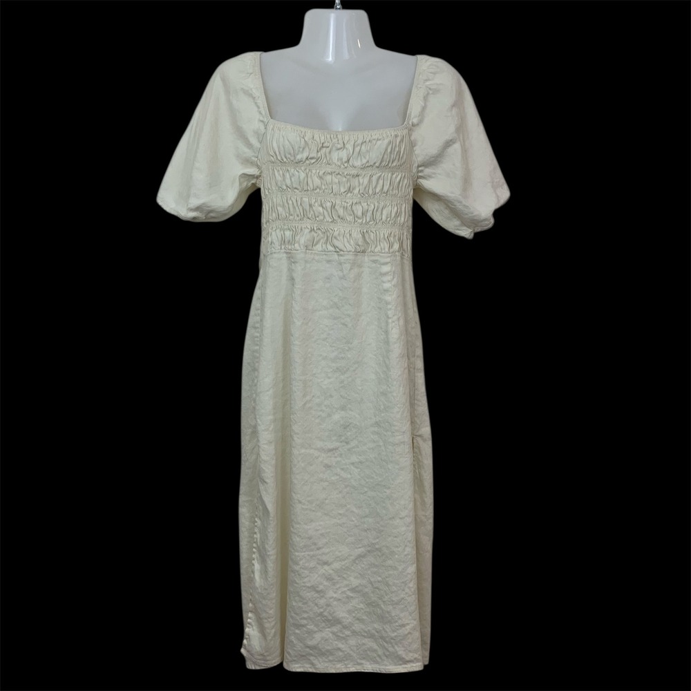 Forever 21 Women's M Cream Linen Blend Smocked Puff Sleeve Open Back Midi Dress